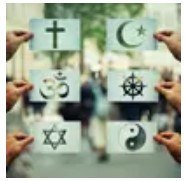 A group of people holding up signs with different religious symbols.