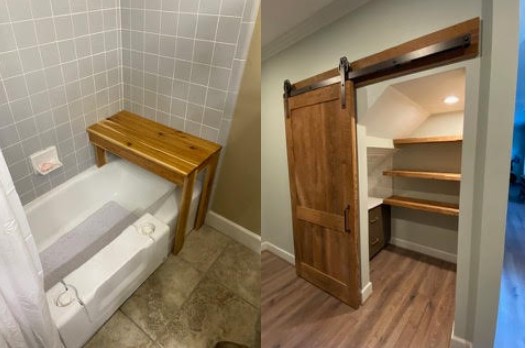 Two pictures of a bathroom with a sliding door and a bathtub.