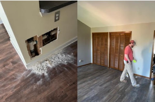 A man is standing in a room with a wooden floor.